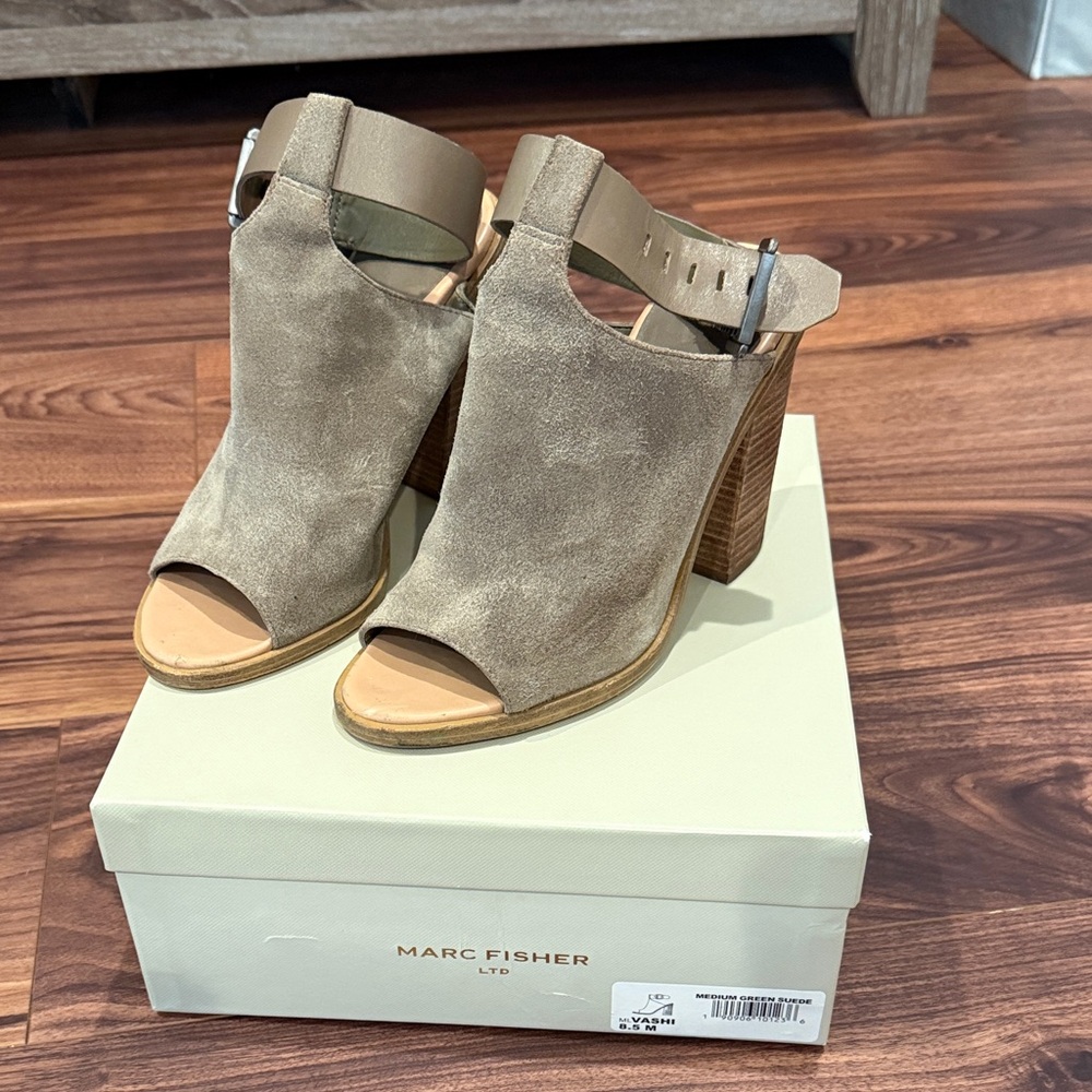 Marc Fisher Taupe Peep-Toe Block Heels